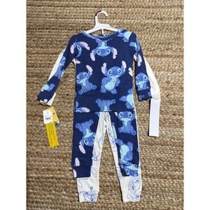 Disney Stitch Pajamas Kids 3T 4 Piece Set Cotton Sleepwear Navy White Unisex